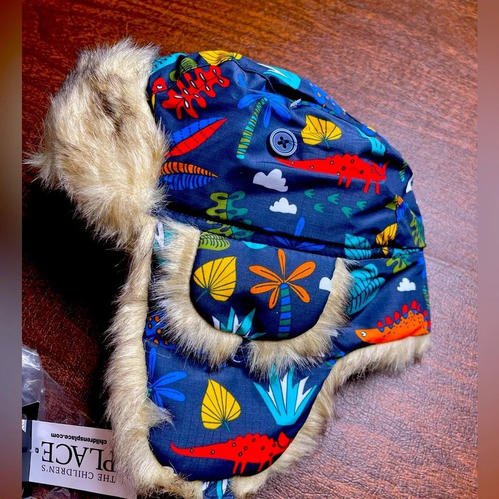 NWT 2t 3t dinosaurs rainbow winter fur trapper hat beanie childrens place boys - Picture 1 of 4